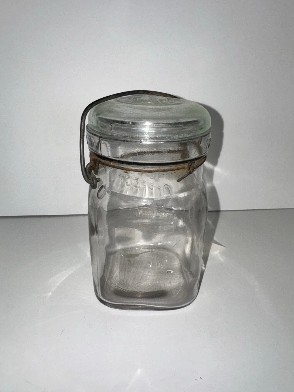 Antique The Perfect Seal Wide Mouth Adjustable Glass Canning Jar w/ Lid Square